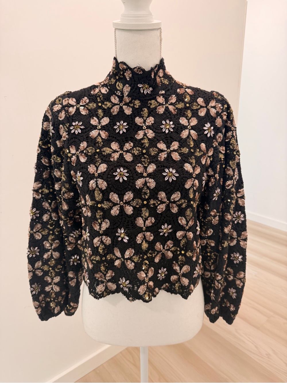 Zara Beaded Black Floral Crochet Mock-Neck Top Size S